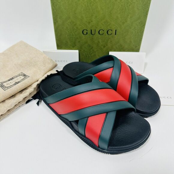 Gucci Agrado 37/ US 7 Rubber Web Slide Sandal Black Green Red Crisscross NIB - Picture 2 of 7